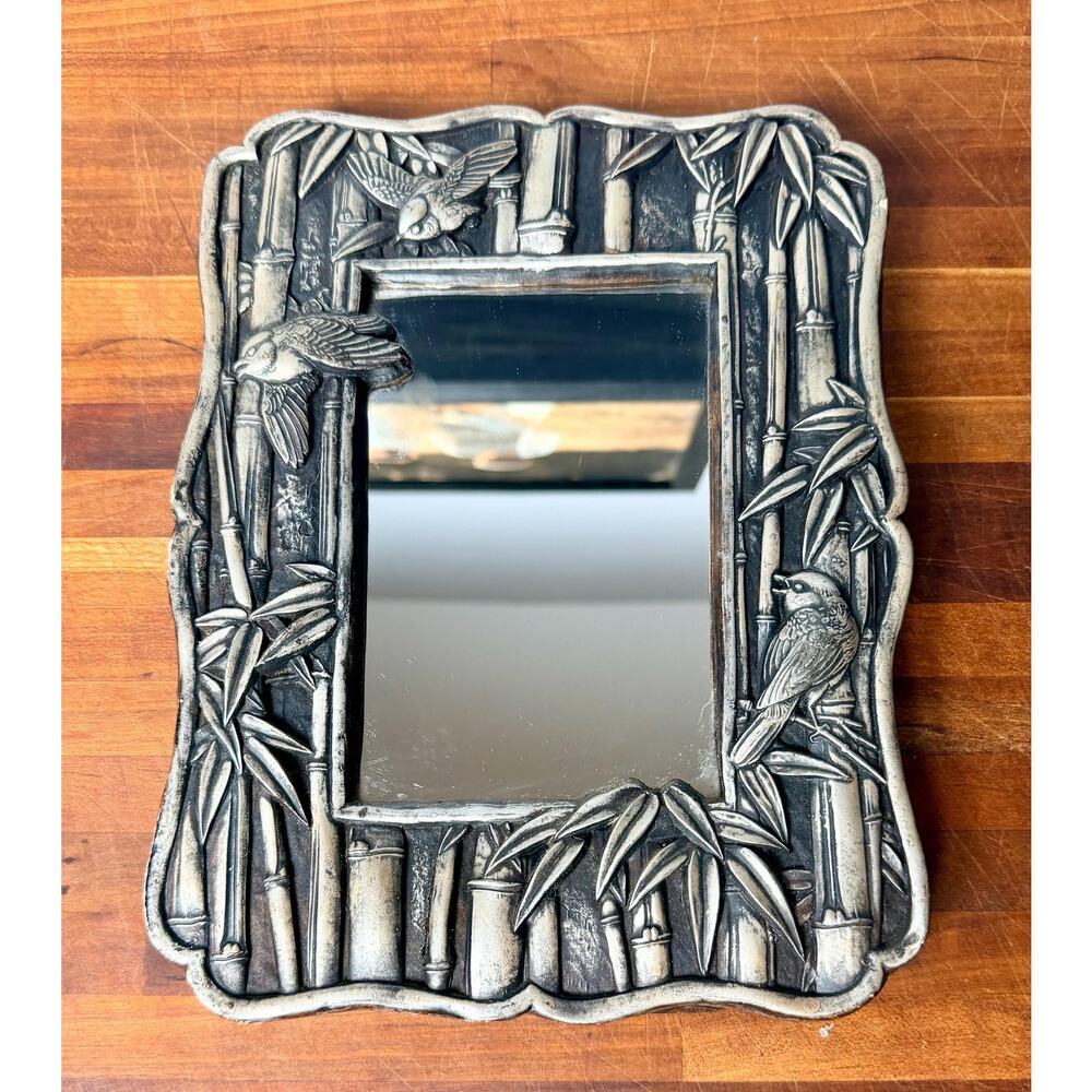 Vintage Chinoiserie Bamboo Bird Mirror | Silver Tone Hollywood Regency - Picture 9 of 16
